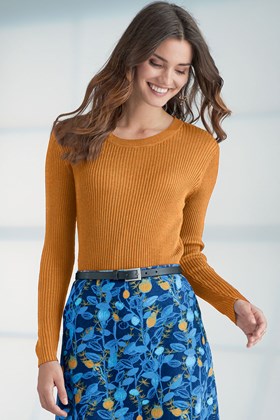 Women's Silk Crew Neck Ribbed Jumper