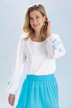 Embroidered Blouson-Sleeved Top