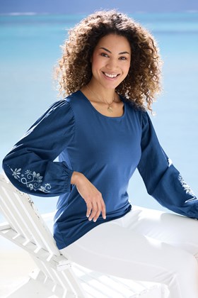 Embroidered Blouson-Sleeved Top