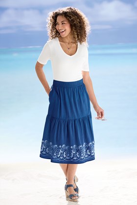 Women's Embroidered Cotton Tiered Skirt