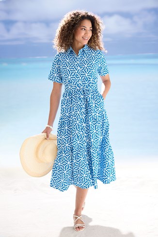 Women's Printed Cotton Tiered Dress with Collar